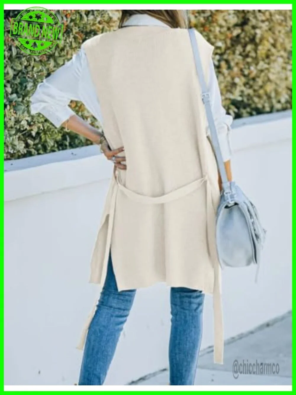 Long Open Front Sweater Vest with Pockets and Self Belt